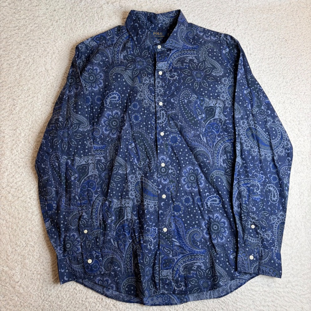 Polo Ralph Lauren Mens XL Classic Fit Paisley Button Down Shirt Navy Blue Cotton